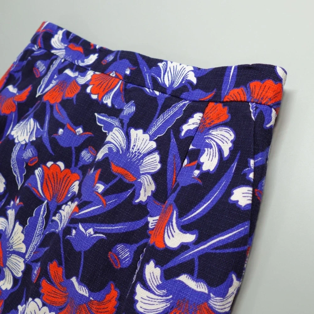 J Crew Mini Skirt 10 Blue Floral Print‎ Basketweave Mod Whimsical
